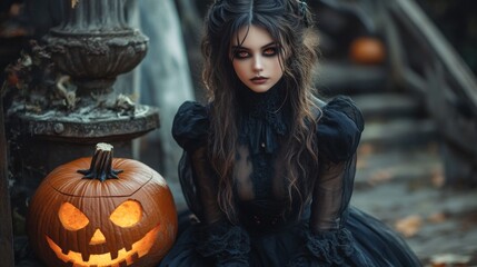 Fototapeta premium Dark Gothic Halloween Aesthetic with Pumpkins and Mysterious Girl