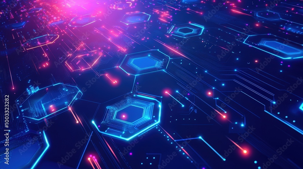 Poster neon cybernetic circuits: futuristic data flow in blue abstract background - ultra-realistic 8k uhd