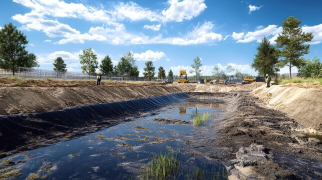 Generate a photo realistic image of erosion control measures at a construction site, with erosion control blankets, silt fences, sediment traps, and construction workers implementing erosion control
