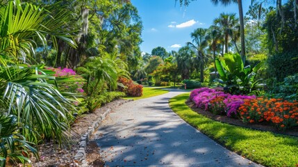 Fototapeta premium Serene Pathway Through Lush Tropical Garden