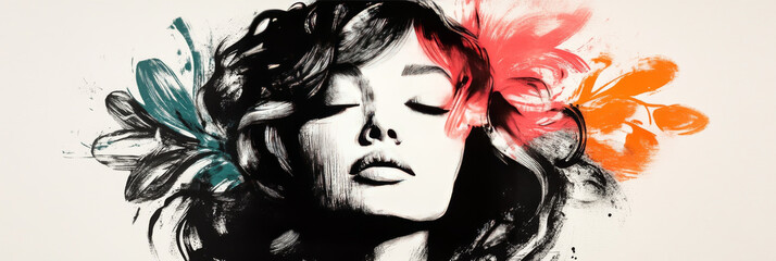 Fototapeta premium A woman's face is surrounded by abstract flowers.