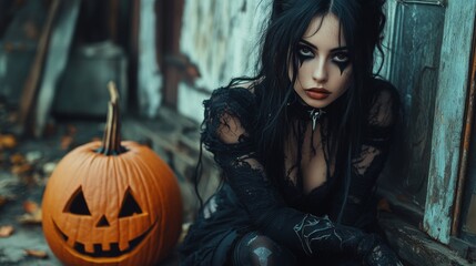 Fototapeta premium Dark Gothic Halloween Aesthetic with Pumpkins and Mysterious Girl
