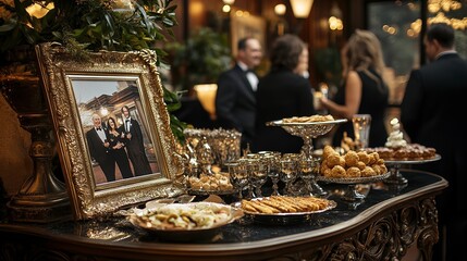 An elegant indoor celebration set up for a retirement party, showcasing a table adorned with gold and silver decorations, a framed photo collage of the retiree's career, and guests dressed in formal