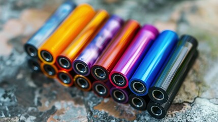 Colorful Cylindrical Objects with Black Rings Arranged in a Row
