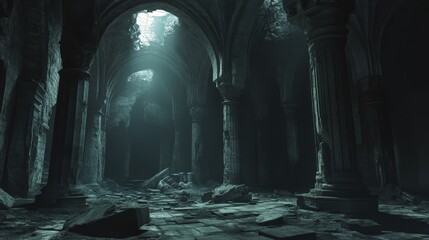 Eerie Abandoned Medieval Temple: Dark & Mysterious 3D Illustration of Haunting Ruins