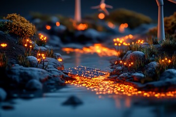 Fototapeta premium A magical landscape powered by renewable energy, where enchanted wind turbines and solar panels are illuminated by glowing magical energy