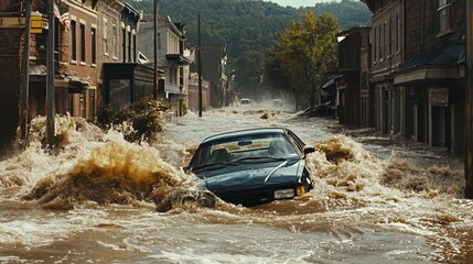 Flash floods surging through a town after a dam breaks, sweeping away cars and debris, town flood, water catastrophe