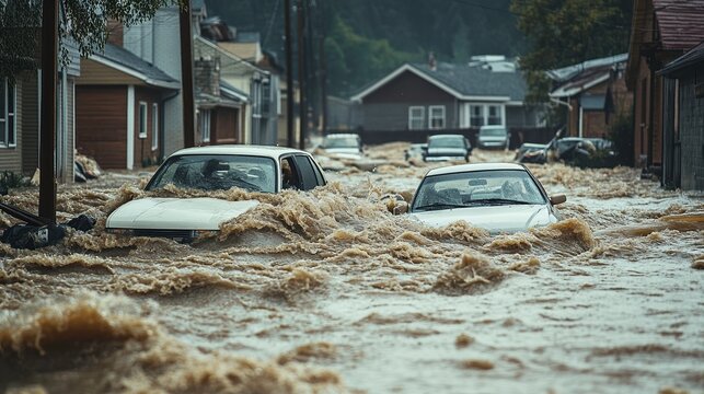 Flash floods surging through a town after a dam breaks, sweeping away cars and debris, town flood, water catastrophe
