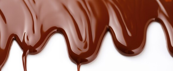 Melted chocolate flows on white background. Brown liquid drips, creating sticky sweet stain. Delicious dessert topping, cocoa syrup, sweet sirup flows, flows smoothly, dripping, dripping slowly,