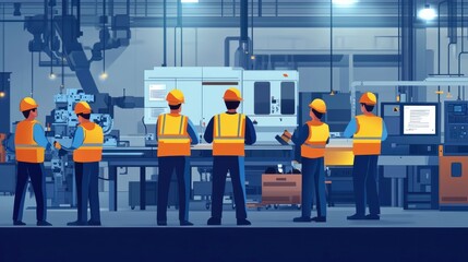 Skilled Engineering Team Collaborating in a Modern Factory During a Training Session for Operators. Generative AI