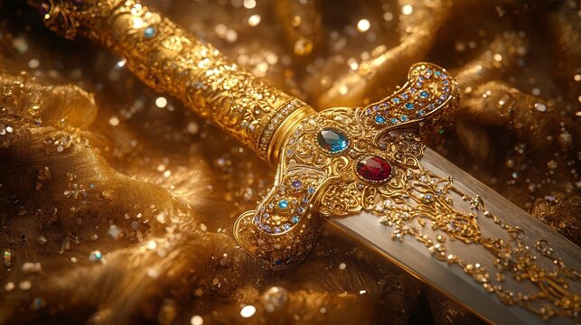 A close-up of a gold sword hilt encrusted with jewels, gold sword, weapon of power