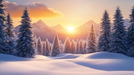 Majestic Winter Landscape with Snow-Covered Ground and Tall Pine Trees at Sunset in Ultra-Realistic 8K UHD Vector Illustration