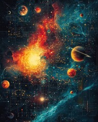 Craft a visually striking graphic for a social media post themed Diving Into Infinite Realities Use a blend of cosmic elements and mathematical symbols to illustrate the concept of parallel universes