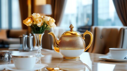 A luxurious tea setting featuring a golden teapot and elegant cups, surrounded by flowers in a refined ambiance.