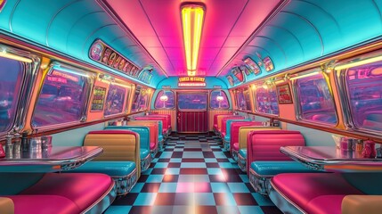 Fototapeta premium Nostalgic 1950s American Diner Interior with Retro Booths and Neon Lights - Vibrant Mid-Century Americana 3D Illustration