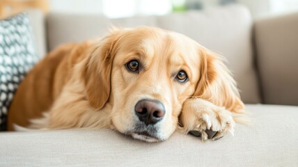 Golden retriever with sad eyes lying on couch