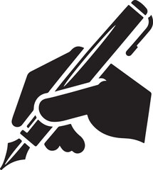 An icon illustrating a hand gripping a pen, write symbol styled as a silhouette vector. 