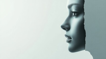 Artistic close-up of woman's face emerging from torn paper, blue-gray tint