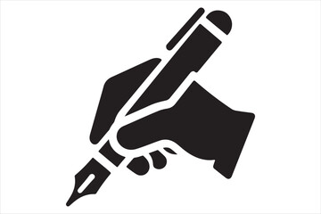 An icon illustrating a hand gripping a pen, write symbol styled as a silhouette vector on a white background. 