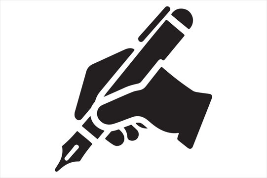 An icon illustrating a hand gripping a pen, write symbol styled as a silhouette vector on a white background. 