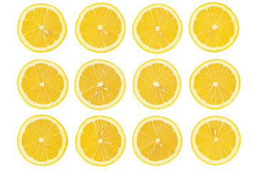 Fototapeta premium Fresh lemon slices arranged on a white background, showcasing vibrant yellow color and juicy texture. isolated on transparent background.