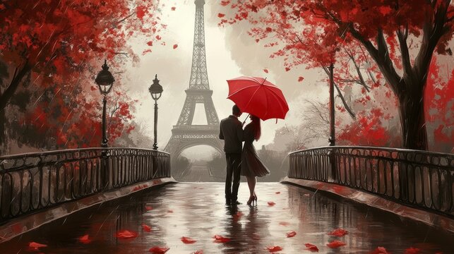 A Romantic Couple With a Red Umbrella Embraces on a Rainy Bridge. Generative AI