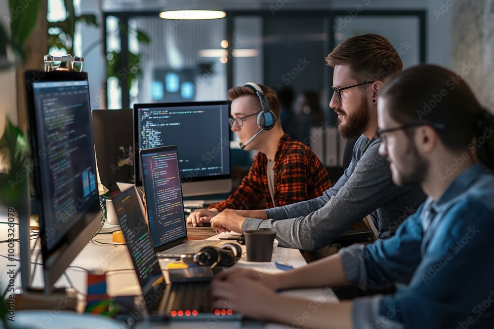 Leinwandbilder group of programmers working in office. caucasians, men and women, sitting at computer desks, coding