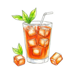Refreshing iced tea with mint leaves and ice cubes, perfect for a warm day. Vibrant and inviting visual. isolated on transparent background.