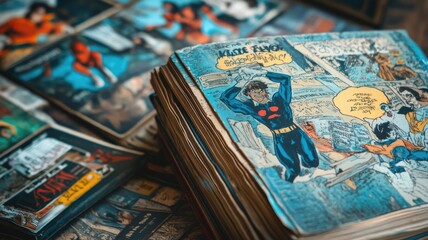 Vintage comic books with vibrant covers and graphic illustrations displayed on table