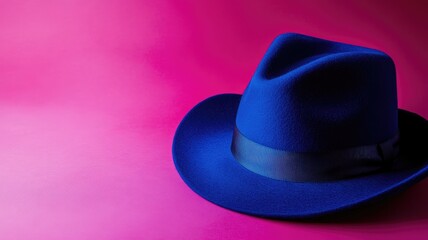 Blue fedora hat with black band on pink backdrop