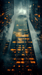 Obraz premium A towering skyscraper illuminated against a stormy sky.