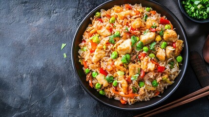 Stir-fried rice with vegetables and chicken in dark bowl, served chopped greens