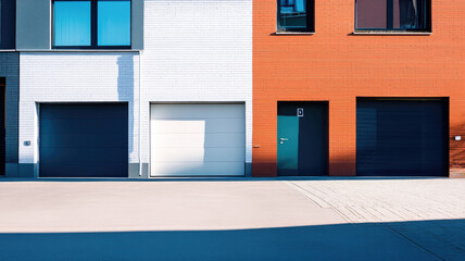 Modern residential buildings with closed garage doors