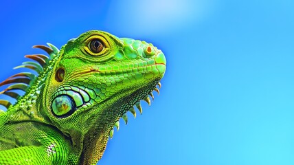 Fototapeta premium Vibrant green iguana against clear blue sky
