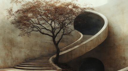 A tree grows out of a concrete spiral staircase.