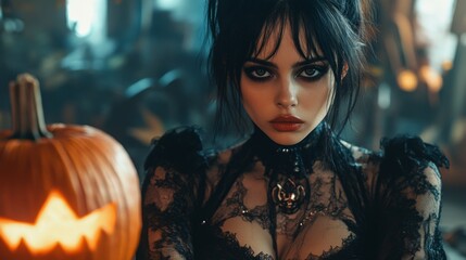 Fototapeta premium Dark Gothic Halloween Aesthetic with Pumpkins and Mysterious Girl