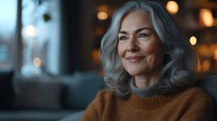 A senior woman smiles warmly, her grey hair glowing as she gazes upwards.