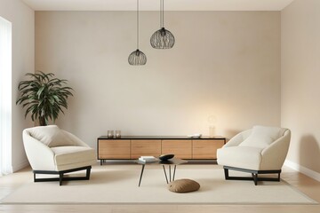 Modern living room interior with minimalist style. Light-colored walls, wooden furniture, and comfortable carpet create a cozy atmosphere. The room is empty, except for a small plant in a white pot.