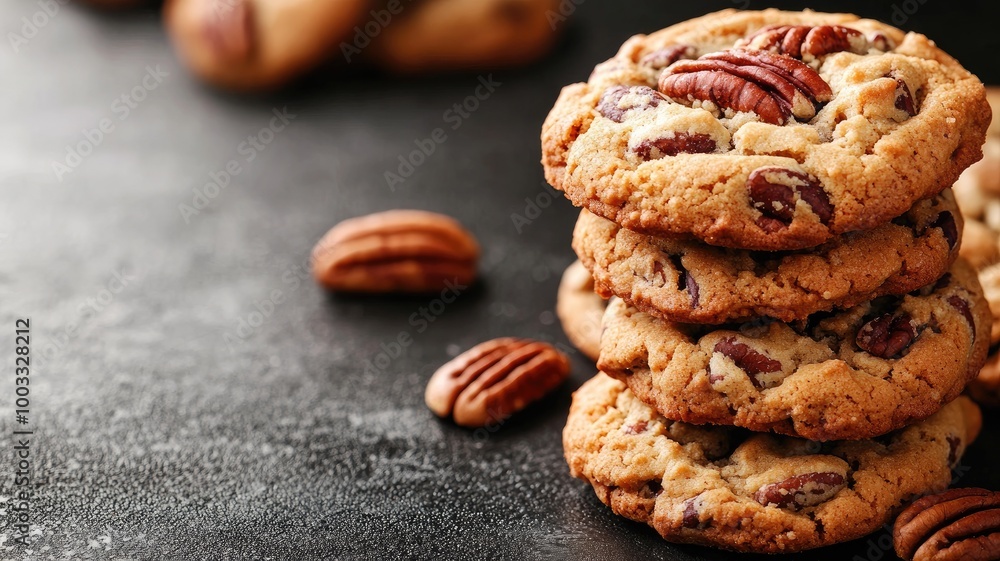 Poster stack of pecan cookies on dark surface with scattered pecans