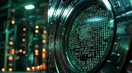 Green binary code dances across a futuristic display, blending technology and imagination.