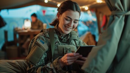 A smiling female soldier in camouflage uniform reads a letter inside a warmly lit military tent, capturing a moment of warmth and connection amid duty.