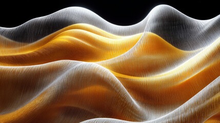 Abstract gold and white fabric waves on a black background.