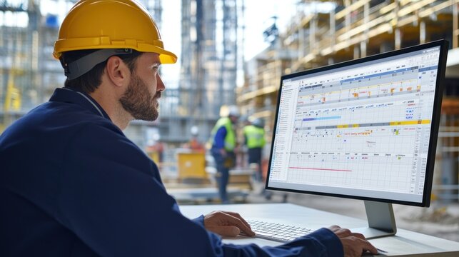 Generate a photo realistic image of scheduling managers optimizing the construction schedule, with project timeline adjustments, scheduling software interface, team collaboration,