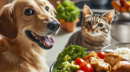 A joyful dog and an inquisitive cat sit beside a bowl filled with fresh vegetables, chicken, and rice, showcasing a delightful scene of pets and healthy dining harmony.