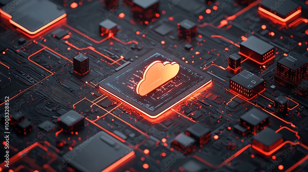 Poster abstract red and black digital circuits reflect the power of cloud computing technology.