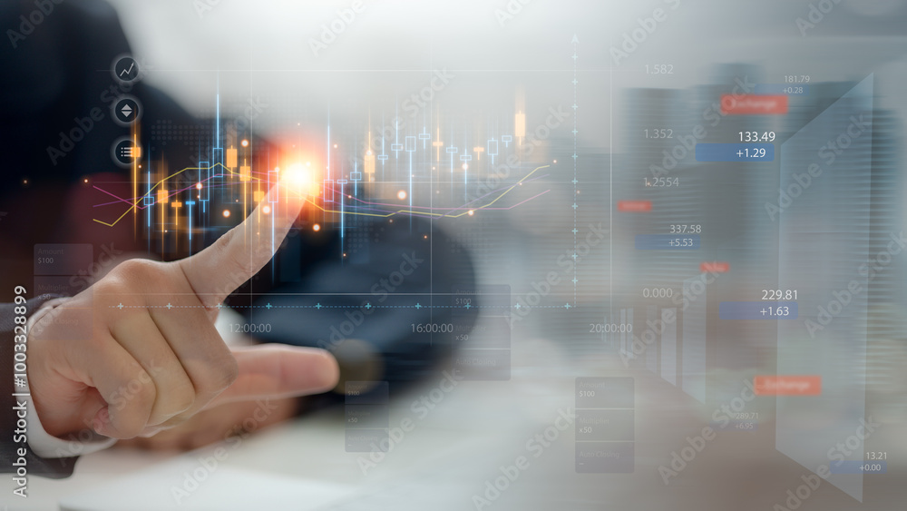 Poster stock trading and investing concept. the trader with virtual stock graph market chart. foreign excha