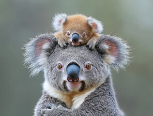 Fototapeta premium A baby koala clings to the back of an adult koala's head in the wild, showcasing tender moments in nature