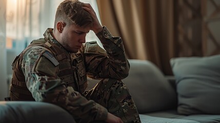 Fototapeta premium A young soldier in uniform, sitting on a couch with his hand on his head, deep in thought. The room is softly lit, creating a somber and reflective atmosphere. The camouflage uniform and military gea