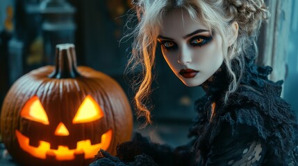 Dark Gothic Halloween Aesthetic with Pumpkins and Mysterious Girl