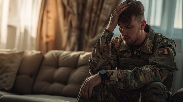 A military soldier in camouflage uniform sits on a sofa, appearing deep in thought with a hand on his head. The room is softly lit, creating an introspective atmosphere.